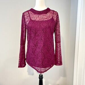 Burgundy Lace Long Bell Sleeve Ultra Pink Blouse Top Mock Neck Womens Medium